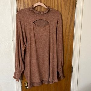 Terra & Sky Ruffled Cut Out Long Sleeve Blouse Tan Size 2X